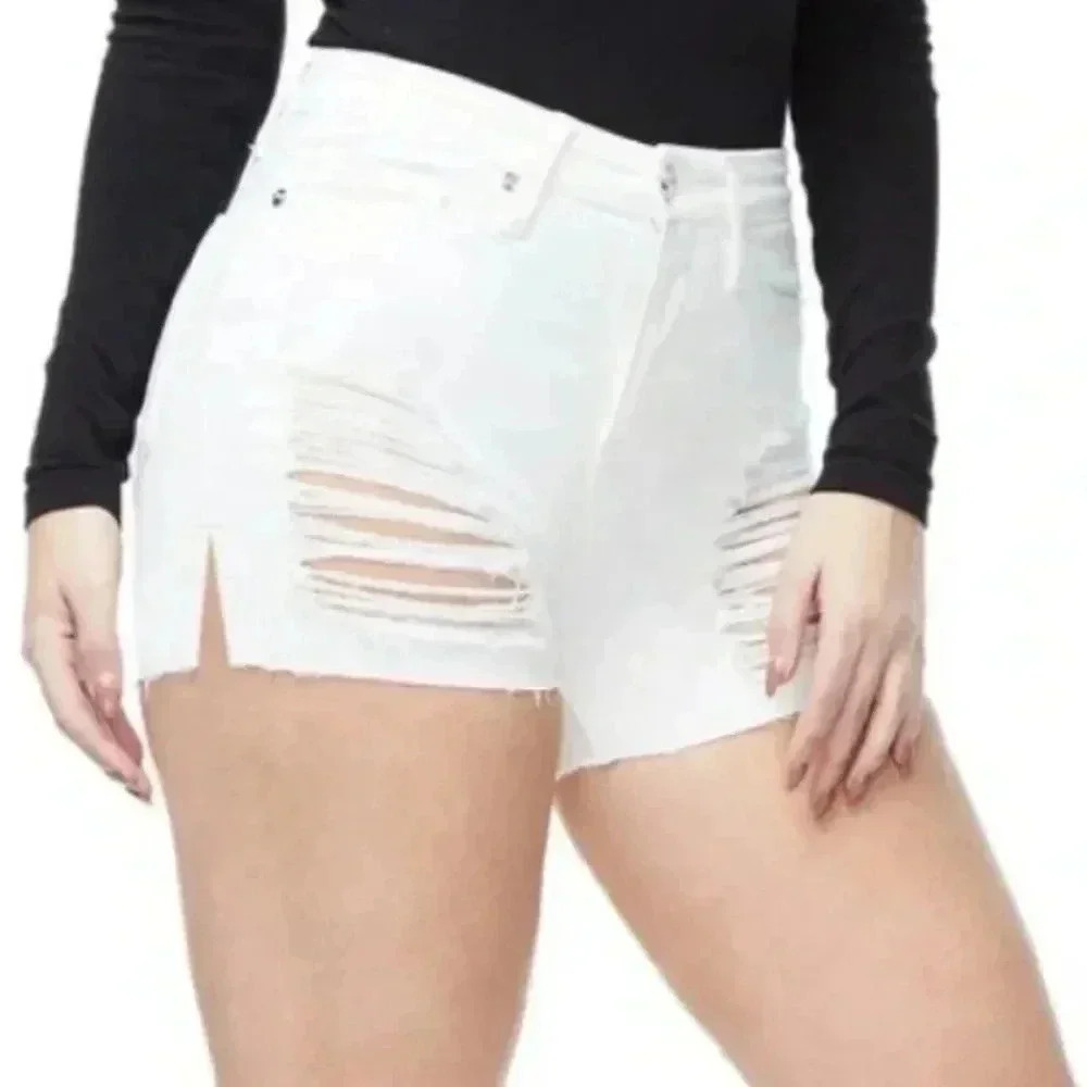 Good American Ripped High Waisted Cutoff Short in White